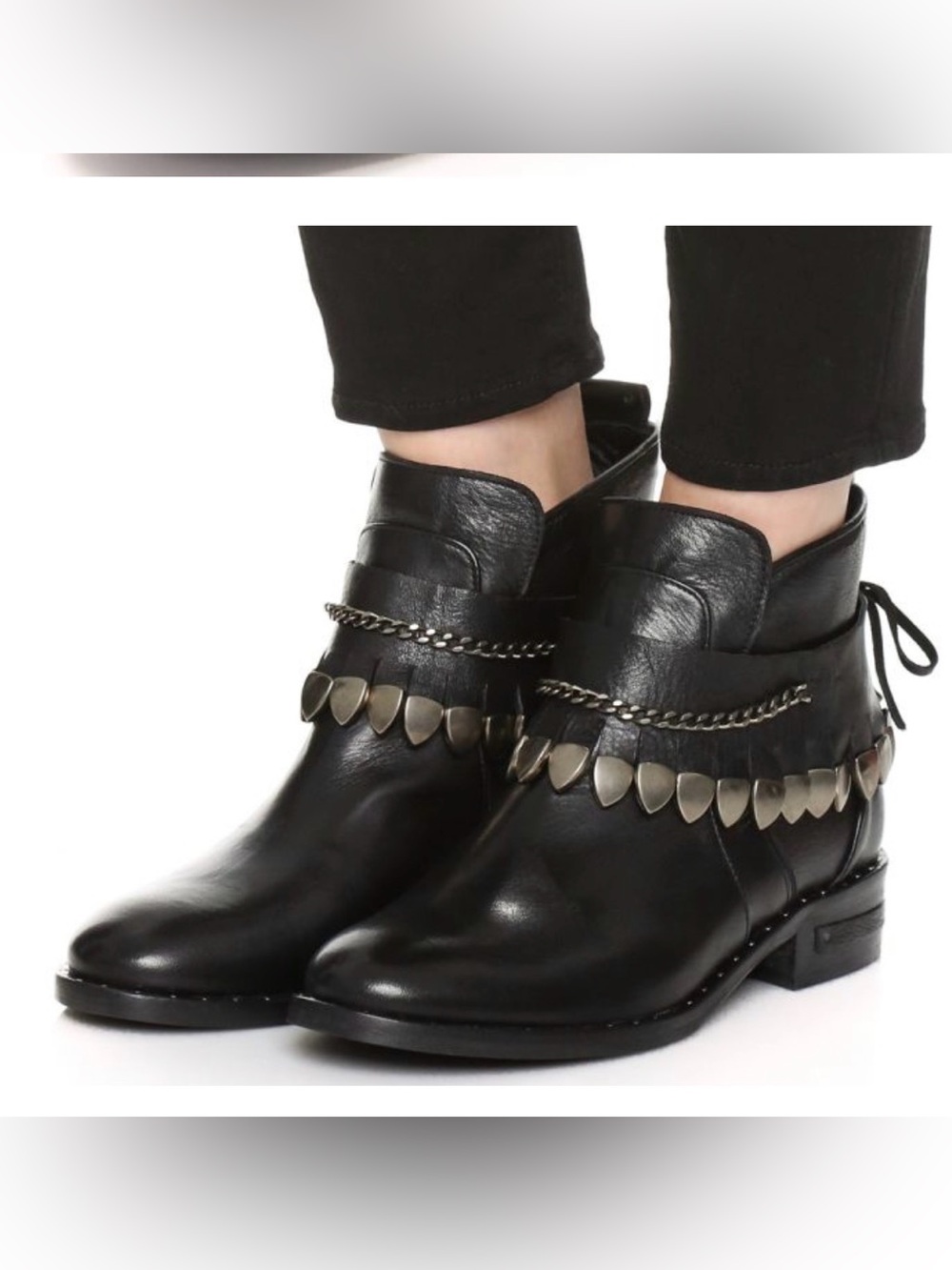 Freda Salvador Star Bootie — Black Leather — Silver Chain & Stud Detail - size 8